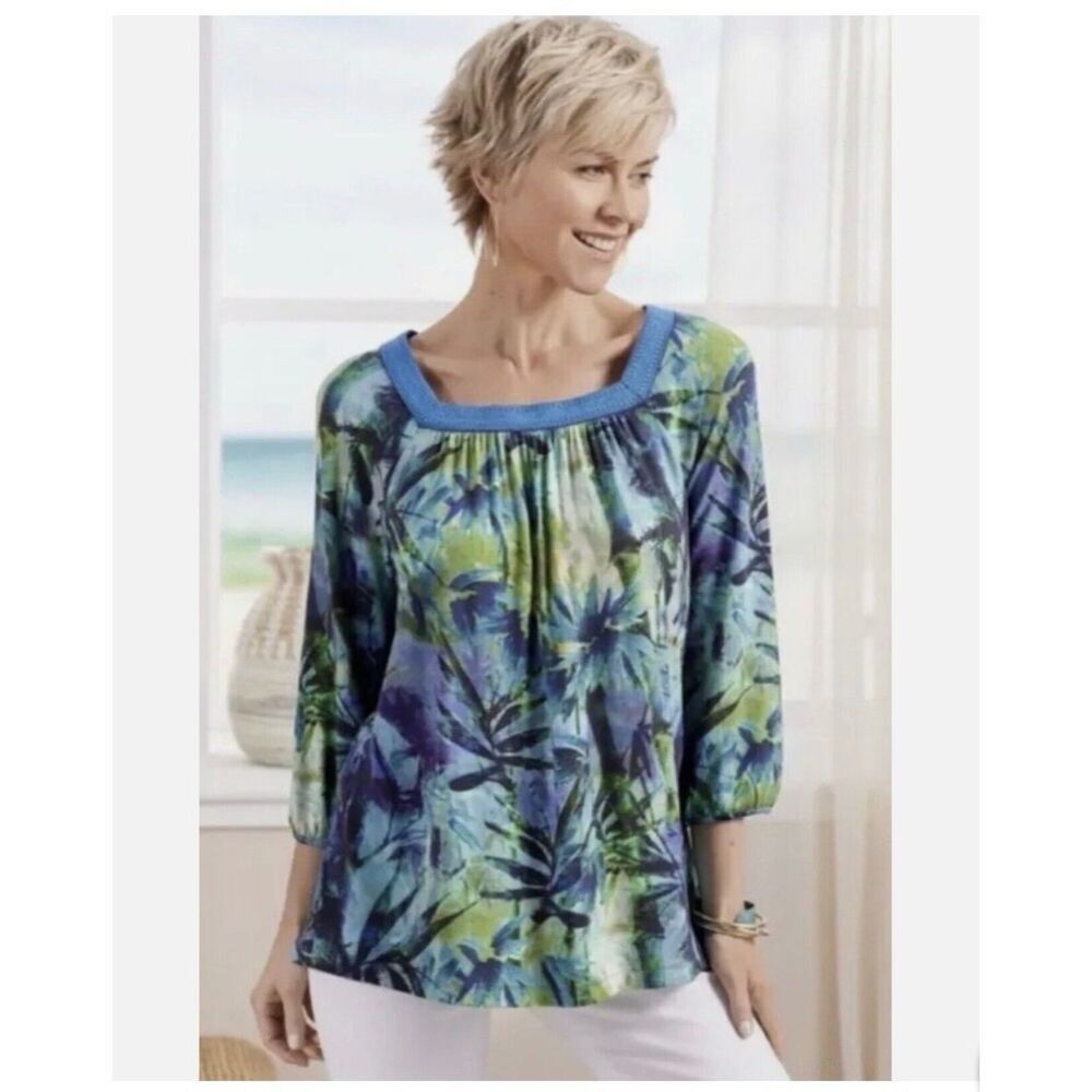 Soft Surroundings Odessa Blue Tropics Square Neck Tunic Top sz 3X EUC